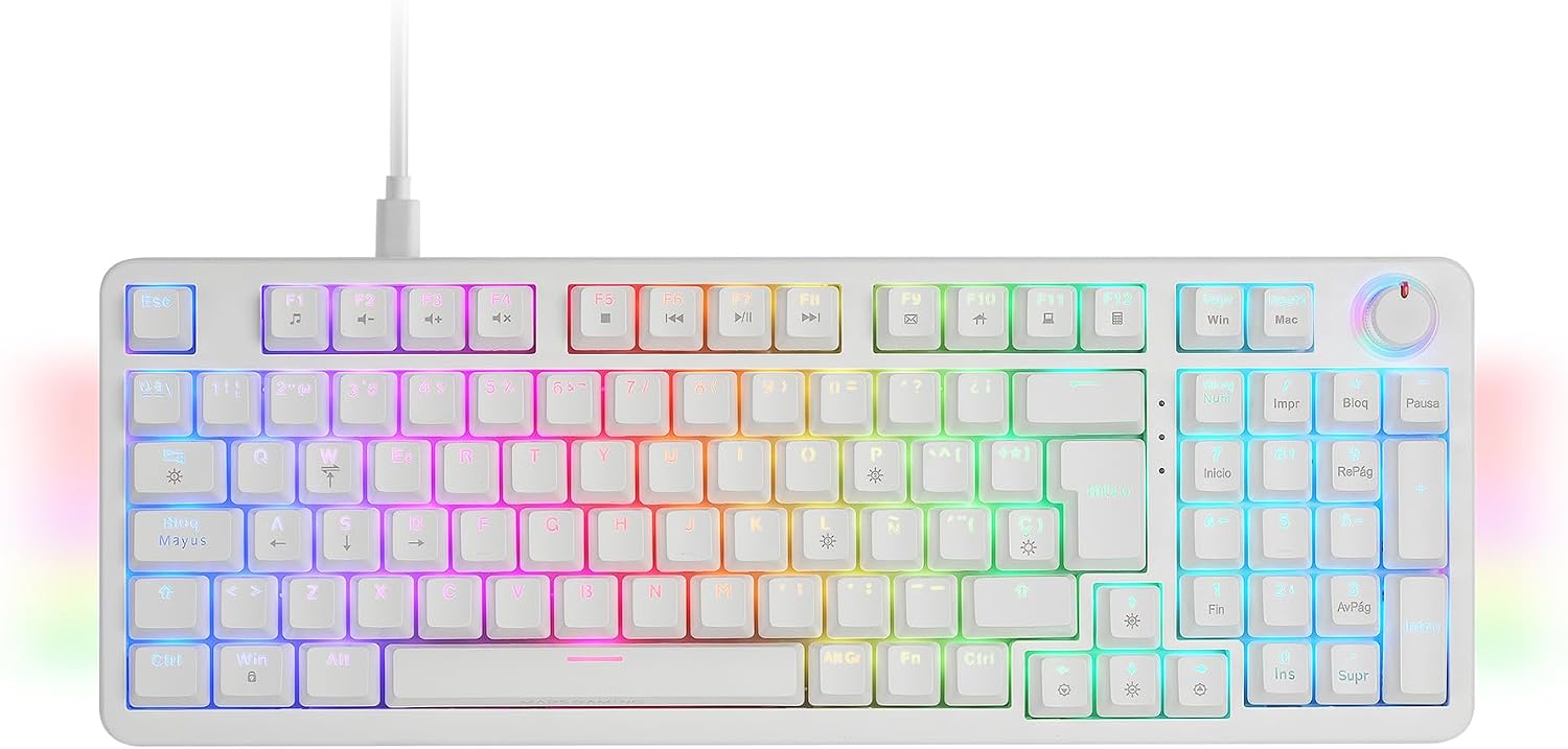 Mars Gaming MKPRO, Español, Teclado Mecánico Gaming Completo, RGB Chroma, Switches Hot-Swap Mecánicos, Antighosting, Rueda de Control, Software, Multiplataforma, Switch Silent, Blanco