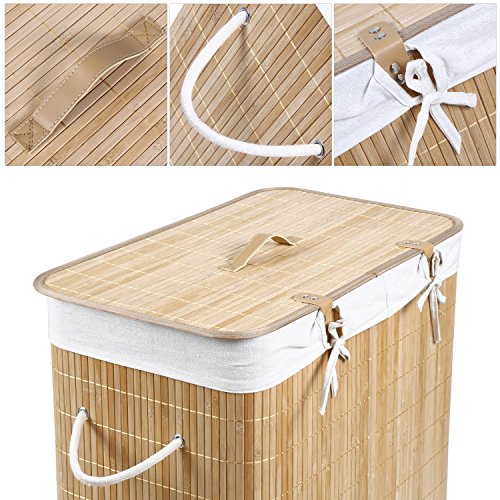 Homitex 100L Groß Bambus Faltbar Wäschekorb H x B x T: ca. 60 x 54 x 33 cm Wäschebox Wäschesammlermit fest fixiertem Wäschesack und Deckel (Natur) - 4