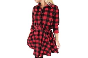 FANCYINN Mujer Plaid Cuadros de Manga Larga Túnica Tops Camisa Informal Vestido con cinturón