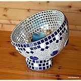 Handgefertigtes Windlicht weiß blau spiegel 26 cm hoch