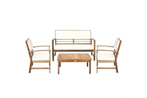 Aktive 61001 - Conjunto muebles de jardín, Conjunto muebles de madera, Muebles jardín, 1 mesa, 2 sillas, 1 banco, cojines color beige, Madera de acacia
