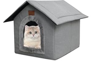 DAJASD Casetta Per Gatti All'Esterno Antipioggia, Cuccia Per Gatti Impermeabile, Rifugio Per Gatt Randagi Resistente Alle Intemperie con Cuscino in Peluche Pieghevole 35x30x35cm（Grigio Chiaro, S）