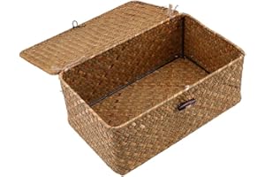 Esoes Aufbewahrungskorb aus geflochtenem Rattan, Aufbewahrungsbox mit Deckel, Seegras, Wäschekörbe, Make-up-Organizer für Badezimmer, Wohnzimmer, Küche