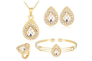 QKEPCY Conjuntos de Joyas Lágrima para Mujeres Diamantes de Imitación Collar Pendientes Pulsera y Anillo Juego de Joyas Boda Fiesta Cumpleaños Día de San Valentín Regalos