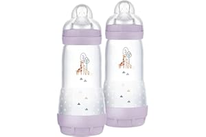 MAM Biberon Easy Start 320 ml (Set da 2), Kit da 2 biberon anticolica per allattamento, Riduce le bolle d'aria e il rischio di coliche, Accessori neonati 4+ mesi con tettarella misura 3, Lilla