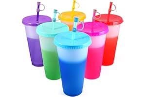 EASEVE Colour Changing Cups Tumblers with Lids & Straws Cover - 6 Pack 24oz Reusable Plastic Iced Coffee Cup Party Tumbler for Kids Children Adults Travel Mugs for Drinks (with Straw Cover)