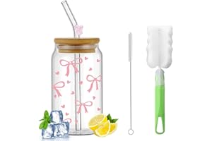 DHINCHANSAIB Gobelet en verre élégant de 16 oz avec couvercle et paille, design Coquette Bow, polyvalent pour café, cocktails et plus encore