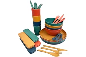 LAUREL & MASON 28Pcs Camping Dinnerware Set for 4 - Cups, Bowls, Plates, Cutlery - Dinner Tableware, Dishwasher & Microwave Safe, Durable