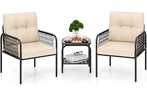 COSTWAY Conjunto Jardin Exterior de Ratan PE 3 Piezas, Mesa de Vidrio Templado, 2 Sillas con Cojines, Mesa y Sillas Muebles Jardin Terraza Balcon Exterior
