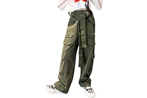 Rolanko Girls Baggy Cargo Trousers, Elastic High Waist Straight Wide Leg Streetwear Pants with Multi Pockets