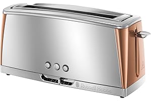 Russell Hobbs Long Slot 2 Slice Luna Toaster with faster toasting Technology (6 Browning levels, Defrost/Reheat/Cancel function, Lift & Look feature,) 1420W, Stainless Steel with Copper accents, 24310