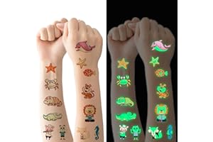 FLYFTREY Tatuaż dla dzieci, 10 arkuszy ze świecącym motywem zwierząt i oceanu, tymczasowe, świecące w ciemności, wodoodporne, przyjazne dla skóry, dla dzieci, dekoracja na przyjęcie urodzinowe, upominek