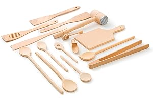 Tuuli Kitchen Ensemble de Ustensiles de Cuisine Bois (6x Cuillère de cuisine, 4x Spatula, Cuillère à miel, Pince à Barbecue, Planche à découper, Attendrisseur de viande, Cuillère à épice)