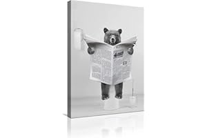 MKHFUW Impression sur toile moderne - Motif animaux amusants assis sur les toilettes - Pour lire des journaux - Pour salle de bain, chambre à coucher, sans cadre, motif ours, 30 x 40 cm