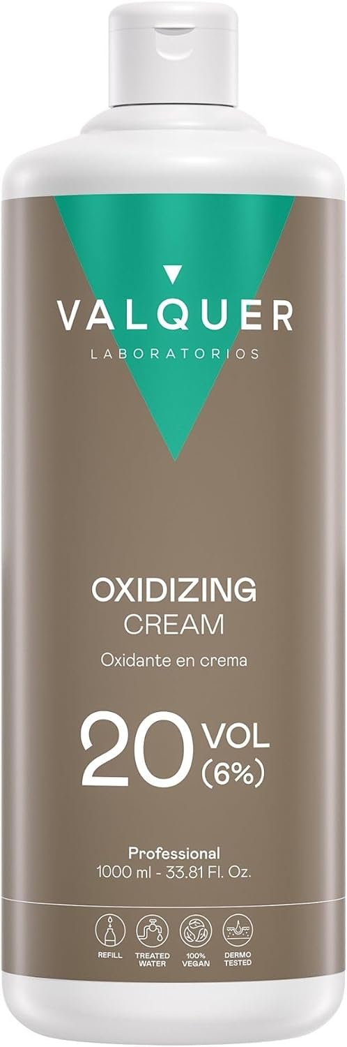 VALQUER Agua Oxigenada en Crema Estabilizada 20 Volúmenes 6% | Oxidante para Coloración Capilar Permanente y Decoloración | Vegano con Ingredientes de Origen Natural | Profesional | 1 L
