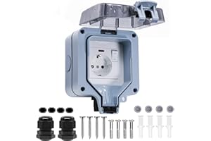 BSEED Gniazdko zewnętrzne, wodoszczelne IP66, 1 gniazdo, z przełącznikiem, lampka kontrolna, gniazdko zewnętrzne, gniazdko ścienne, natynkowe, 16 A, gniazdko ogrodowe z pokrywą na zawiasach, do użytku