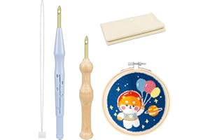 YLINWTECH 5 Piezas Kit de Bordado de Aguja de Perforación,Aguja Punzonado Bordado,Bolígrafo Bordado Mágico,Enhebrador de Aguja,Aros de Bordado,Tela de Aguja De Perforación,para Principiantes de Punto de Cruz