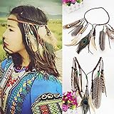 Material: plumas de pavo real y plumas de villano + cuentas de madera + cordón de ante sintético de terciopelo. Diadema indiana de princesa Peacock con borlas para mujer y niña