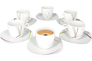 VAN WELL Set di tazzine da caffè con piattino, 12 pezzi, stile elegante, in porcellana, con motivo a strisce, forma quadrata con angoli arrotondati, colore: bianco