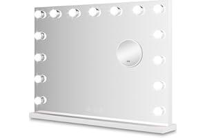 Bayt Hollywood Espejo 58 x 46 cm, Espejo Maquillaje con 15 Luces, Espejo de Aumento 10x, Regulable, Ampliación, Blanco