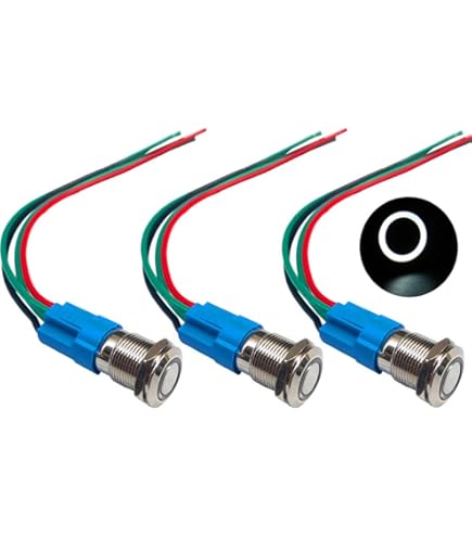 QitinDasen 3 stuks Premium 12 mm zelfvergrendelende drukknopschakelaar, 12V/24V 3A auto ontsteking startschakelaar, rode LED-licht roestvrij staal IP66 waterdichte schakelaar met stopcontact stekker
