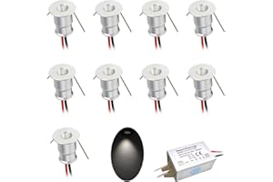 kpslucerna Lot de 9 petits phares, à LED, encastrés, 12 V 1 W, pour cuisine, escalier, armoire, couloir, éclairage, à monter soi-même, blanc chaud et froid (Argent Blanc Froid, 30°)