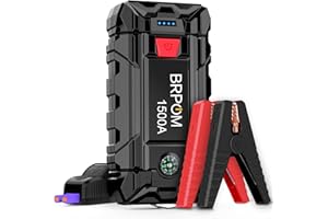 BRPOM Booster Batterie 1500A 15800mAh Démarreur de Voiture 12V Portable (Jusqu’à 7.0L Gaz ou 5.5L Gazole) Jump Starter avec Pinces de Sûreté Intelligentes Charge Rapide 3.0 Longue Veille (1500A)