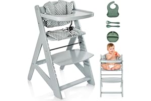 P PARVULÍ PARVULI Trona Bebe Madera con Cojín, Vajilla de Silicona y Babero - Trona Evolutiva Bebe de 6 meses a 12 años - Silla para Comer Bebe con Bandeja - Tronas de Bebe para Mesa, Comedor de 80x58x48cm