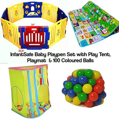 InfantSafe Large Plastic Baby Playpen Activity Playmat Playtent 100 Colured Balls - Indoor Outdoor Use - Strong, Easy to Assemble Slot in Panels - No Fixings Required