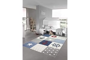 Kinderteppich Spielteppich Junge Teppich Maritim kariert in blau Creme grau Größe 160 cm Rund