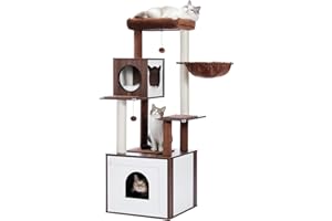 PAWZ Road Modern Cat Tree Holz Katzenturm mit Aufbewahrungsschrank Katzentoilette Gehäuse und geräumige Katze Condo, große Top Barsch und Hängematte, Sisal bedeckt Kratzbäume für Katzen Braun