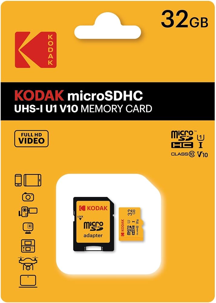 KODAK 32GB Micro SD UHS-I C10 U1 V10 Kart + SD Adaptör, Sarı