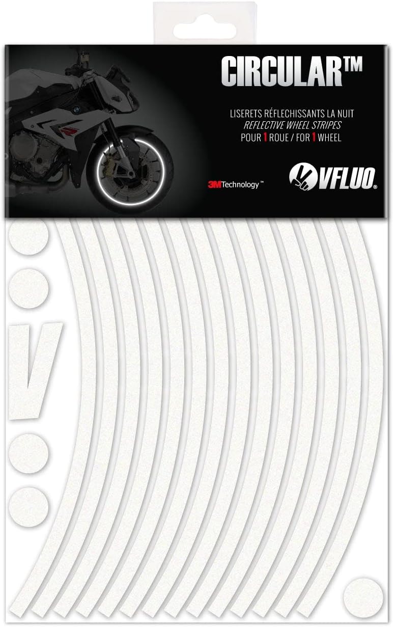 VFLUO - Kit Pegatinas Llantas de Moto Reflectantes, Autoadhesivas para 1 Rueda, 3M Technology™ - Gran Visibilidad Lateral - Discreto y diseño - Fácil colocación
