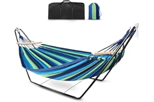 HJZ Hängematte mit Gestell Hängemattengestell Doppel Personen 200x150cm Belastbarkeit bis 200kg Tragbare mit Tragetasche Hängematten für Camping Wandern Terrasse Hof Garten Outdoor Blau