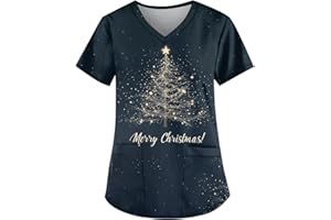 DIYIOUZHOU Christmas Scrubs Tops Nurse Xmas Printed Scrub Festival Short Sleeve V Neck Durable Work Uniform with Pockets
