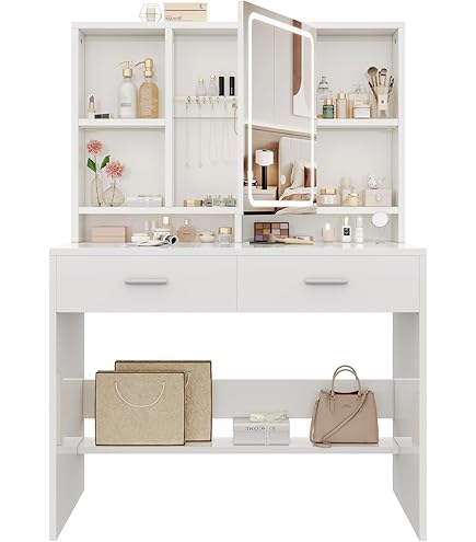 Coiffeuse Blanche Et Dorée Avec Miroir LED - Tabouret Inclus, 40x90x140 Cm, 2 Tiroirs Et Rangements