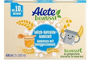 Alete bewusst Milch-Getreide-Mahlzeit Mehrkorn mit Honiggeschmack, ab dem 10. Monat, trinkfertige Babynahrung als Ersatz zu Babybrei, warm oder kalt trinken, 400 ml (2 x 200 ml)