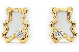 MONDE PETIT Pendientes Oro Bebe o Niña oso fondo nacar y circon (9kts) - Estuche Regalo - Certificado de Garantía - Mondepetit