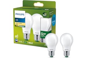 Philips, ampoule LED Ultra Efficient classe A, culot E27, dépolie, équivalent 60W, blanc chaud 2700K, verre, lot de 2