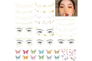 DIVAWOO 32 Blätter Gesicht Temporäre Tattoos, 20 Blätter Glitzer Metallic Tätowierung, 12 Stück Schmetterlinge Fake Tattoos, Gold Flash Makeup Tattoo Aufkleber für Feste Frauen Gesicht Körper