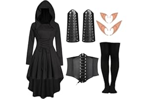 Velmawig Gothic kleidung Damen Mittelalter Renaissance Kostüm Kleid mit Kapuze Langarm Karneval Kostüm Elfen Cosplay Robe Kapuzenkleid mit Elfenohren Korsett Overknee Socken Armschützer