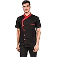 KODENIPR CLUB Men Short Sleeves Casual Style Spliced Black Chef Coat Red Contrast,Poly/Cotton,Size (Medium(38))