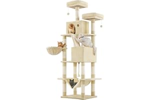 Feandrea Cat Tree, 206 cm Large Cat Tower Condo with 13 Scratching Posts, 1 Scratching Ramp, 2 Perches, 2 Caves, Basket, Hammock, Pompoms, Beige PCT190M01V1