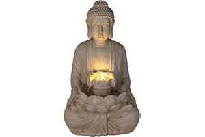 WELL HOME MOBILIARIO & DECORACIÓN Well Home Fuente Buda en Color Arena con Luces LED para Espacio Exterior 28,5x24,5x48cm