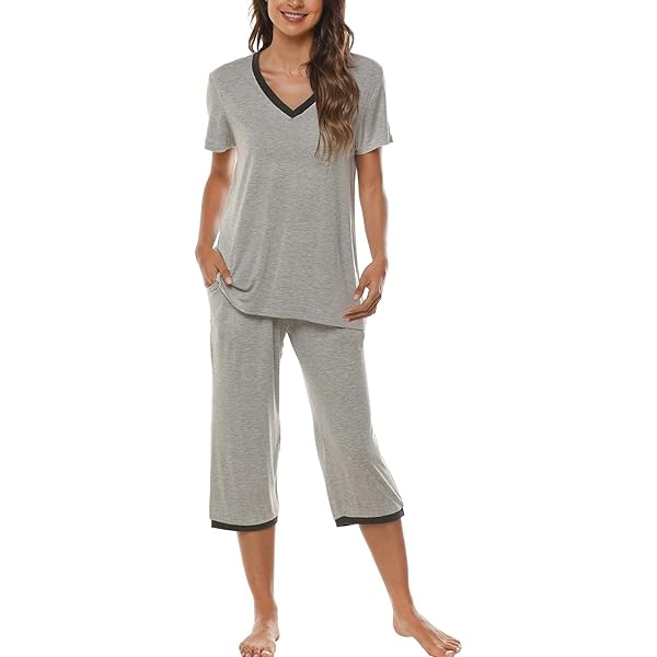 Nachila Women's Soft Bamboo Viscose Pajama Set - Short Sleeve Capri Pajamas With Pockets, S-4XL