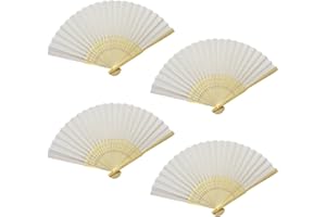 Grantop 4 Pcs Black Folding Hand Fan, Silk Fabric Bamboo Ribs Handheld Fan, Folding Chinese Fan for Wedding Christmas Party Prom Festival DIY Home Decorations (White)