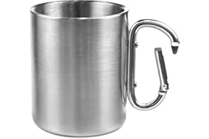 YIBANG Double Walled Carabiner Camping Mug 300ml Stainless Steel Camping Cup Outdoor Mug Metal Cup with Screwed Carabiner Handle for Travel Hiking Trekking (Silver)