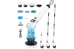 Lepwings Brosse de Nettoyage Électrique avec 8 Têtes Remplaçables, Brosse Rotative Puissante Rechargeable, 3 Vitesses, Manche Télescopique 35–135 cm, Étanche IP65 pour Salle de Bain, Cuisine, Voiture