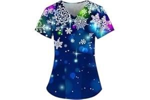 DHYUEN Weihnachten Krankenhaus Schlupfhemd Damen Weihnachtsbaum Schneemann Druck V-Ausschnitt Krankenschwester Kleidung Pflege Kasack Kurzarm Gerade Tasche Xmas Motiv Uniform Klinikkasack Pflegekasack