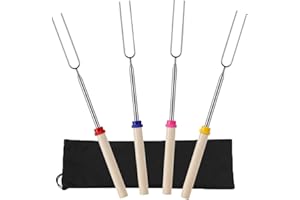 HZKAIS 4 Pack Marshmallow Toasting Forks Kit, Telescoping Smores Sticks for Fire Pit, Extendable Stainless Steel Smores Sticks for BBQ and Campfire, Barbecue Forks for Hotdog Hot Dog Bonfire, Outdoor